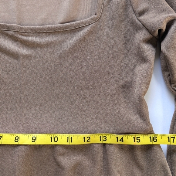 PLT Stretchy Long Sleeve Square Neck Puffy Hem Mini Dress Taupe - sz 12 - Picture 6 of 10